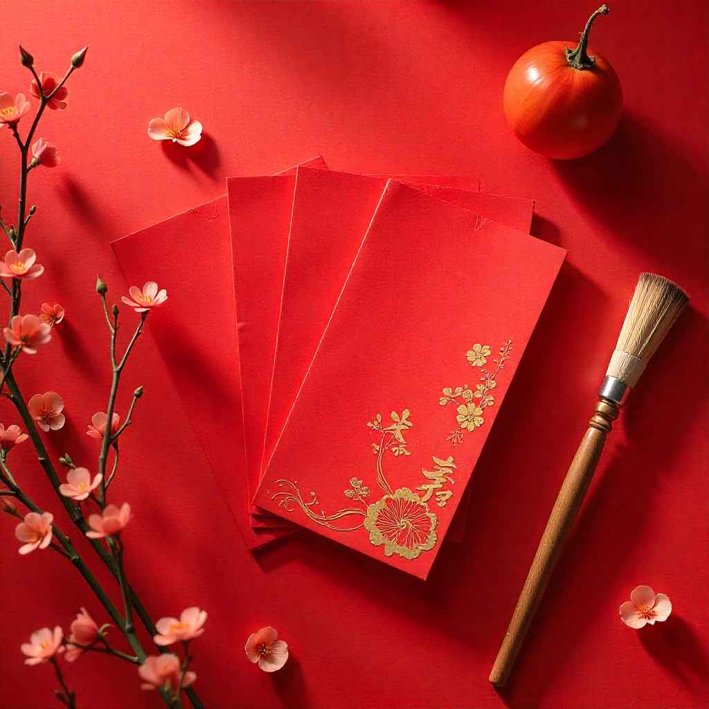 Red lucky money envelopes on red background