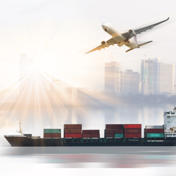 Plane flying over ship